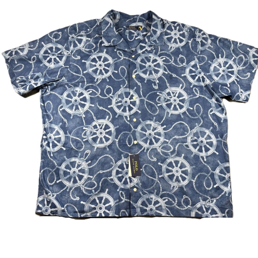 Polo Ralph Lauren NWT Men Camp Shirt Nautical Wheel Print Linen Blend 4XB L252